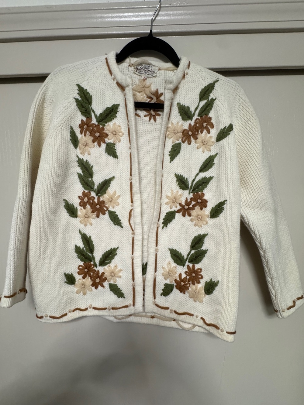 Vintage Phoenix Cream Cardigan with Brown & Green Floral Embroidery